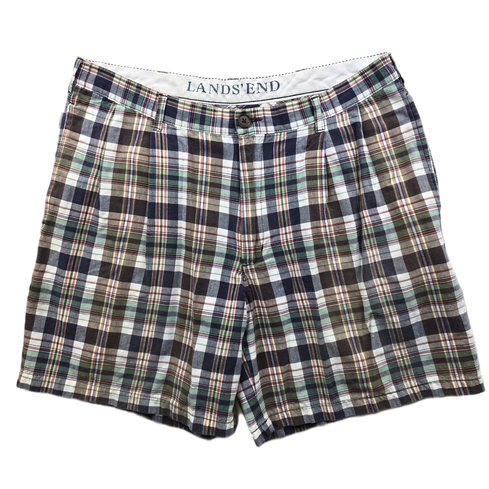 Lands' End Shorts Mens 34 Multi-Color 100% Cotton Pleated Plaid Chino Shorts